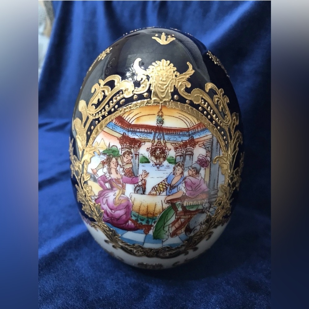 Cobalt Blue & Gold Ornate Porcelain Egg – Victorian Scene – Fabergé Style Decor